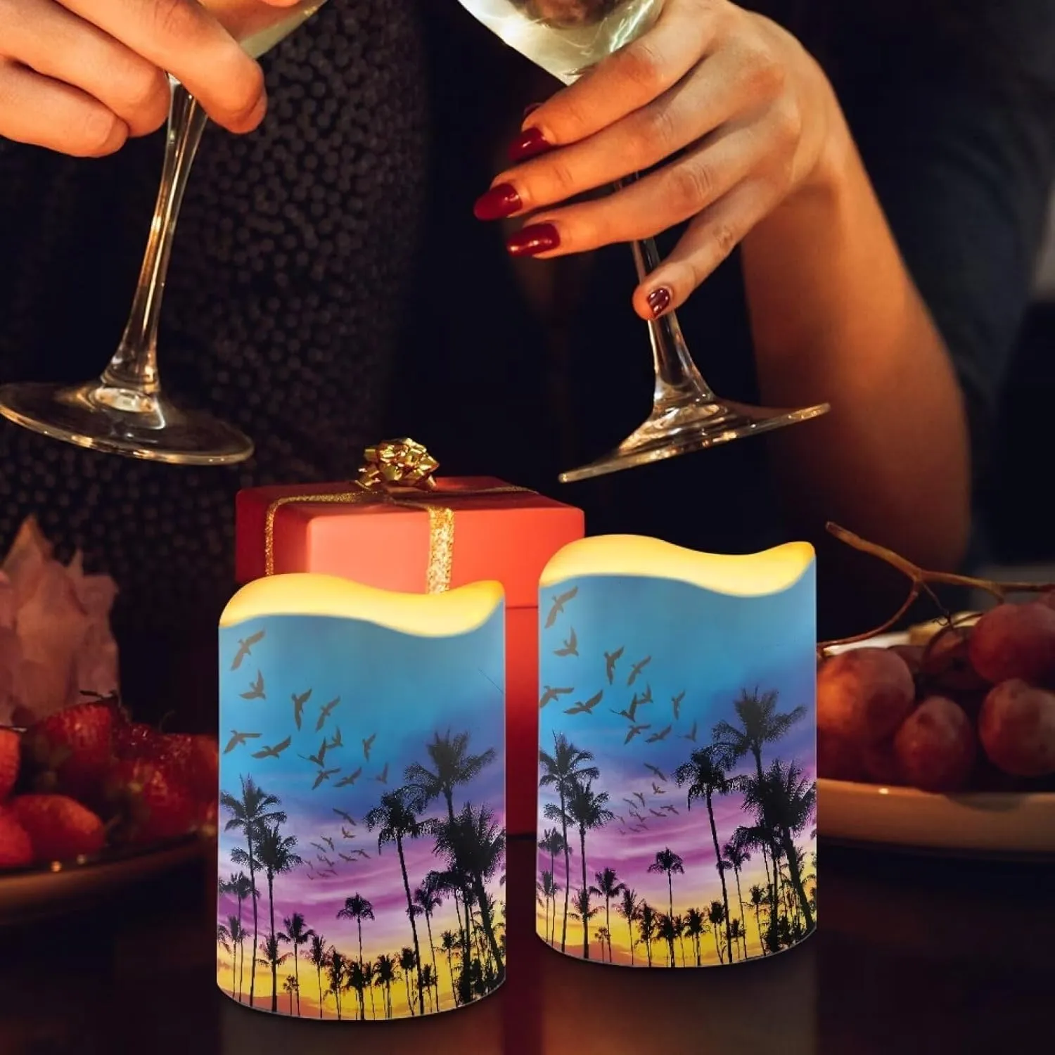 Tropical Palm Tree Solar Candles Outdoor Waterproof Flicking Flameless Candles Set of 6 Solar Pillar Candles Realistic Luminara Home Garden Pathway Lights Auto On at Dusk Off at Dawn