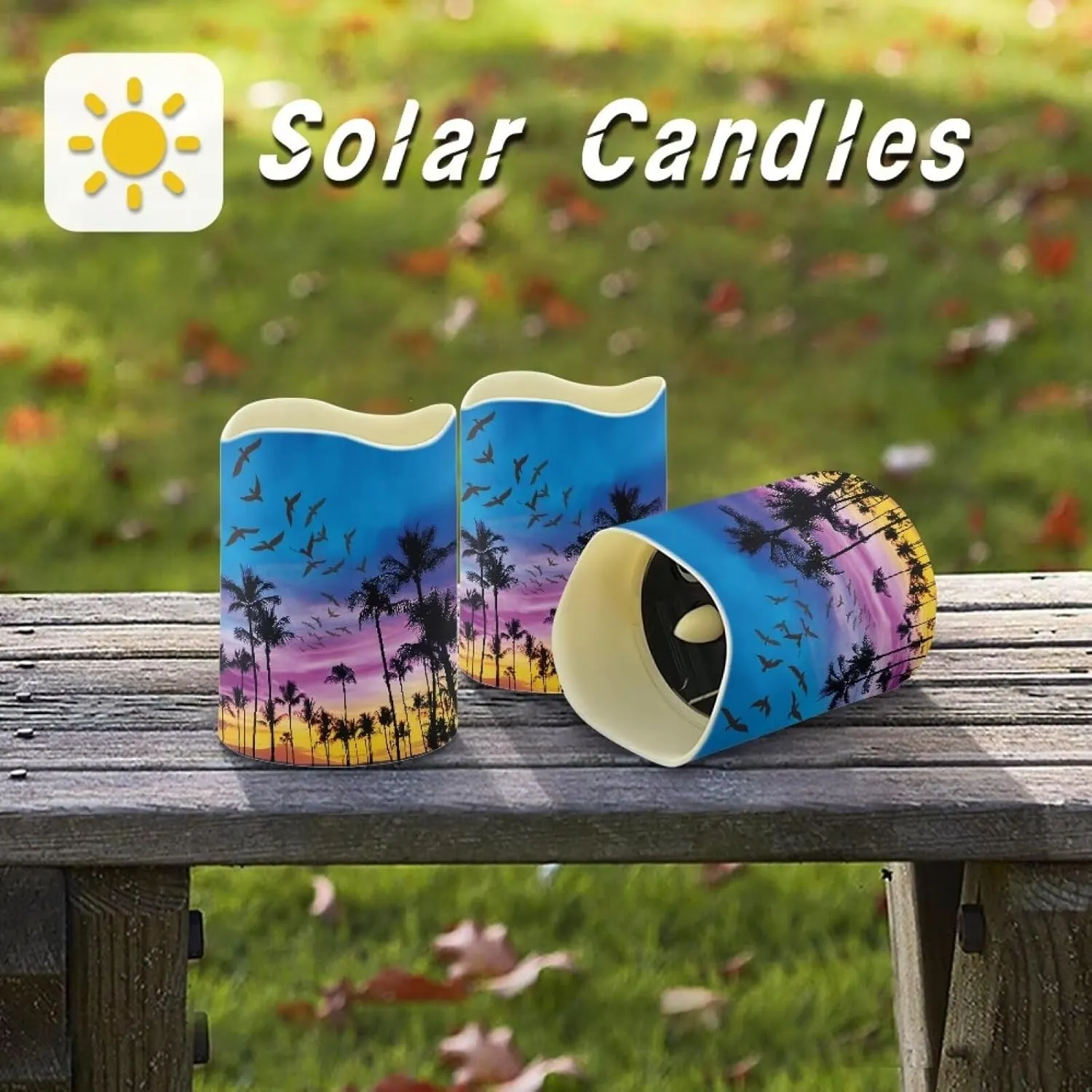 Tropical Palm Tree Solar Candles Outdoor Waterproof Flicking Flameless Candles Set of 6 Solar Pillar Candles Realistic Luminara Home Garden Pathway Lights Auto On at Dusk Off at Dawn