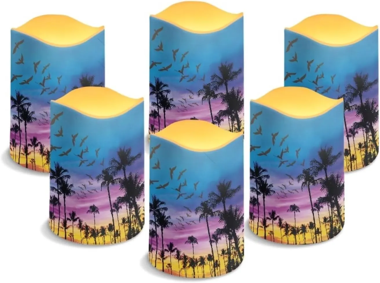 Tropical Palm Tree Solar Candles Outdoor Waterproof Flicking Flameless Candles Set of 6 Solar Pillar Candles Realistic Luminara Home Garden Pathway Lights Auto On at Dusk Off at Dawn