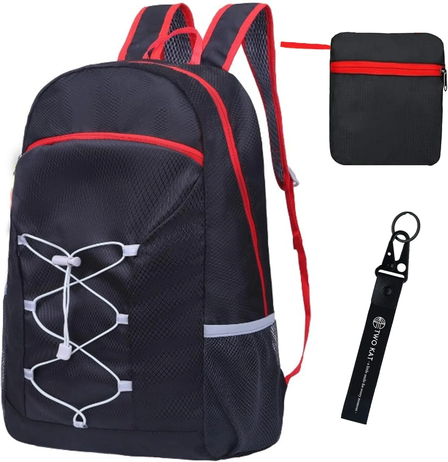 TWO KAT Lightweight Packable Hiking Backpack 20L Bottle Holder, Water Resistant Daypack, Foldable Bags Travel Camping Outdoor (Black)
