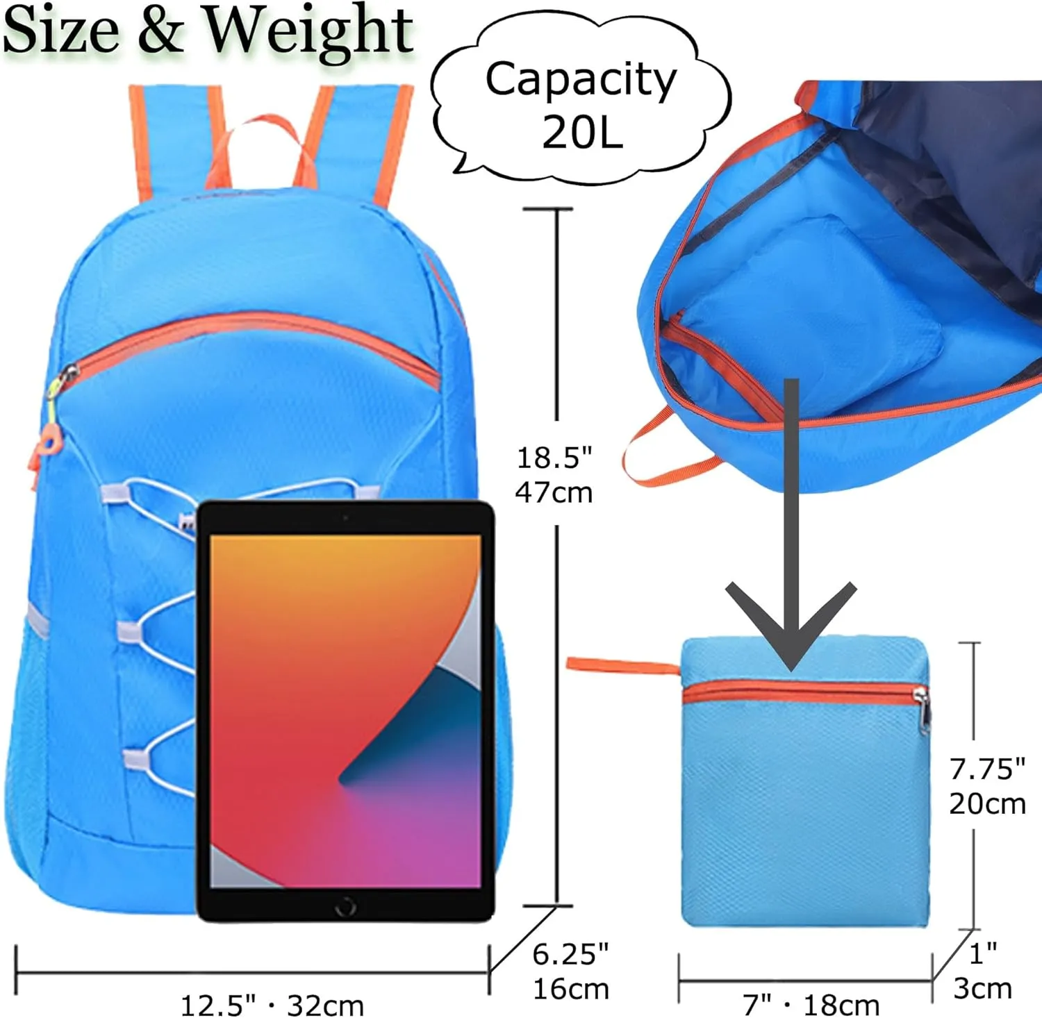 TWO KAT Lightweight Packable Hiking Backpack 20L Bottle Holder, Water Resistant Daypack, Foldable Bags Travel Camping Outdoor (Black)