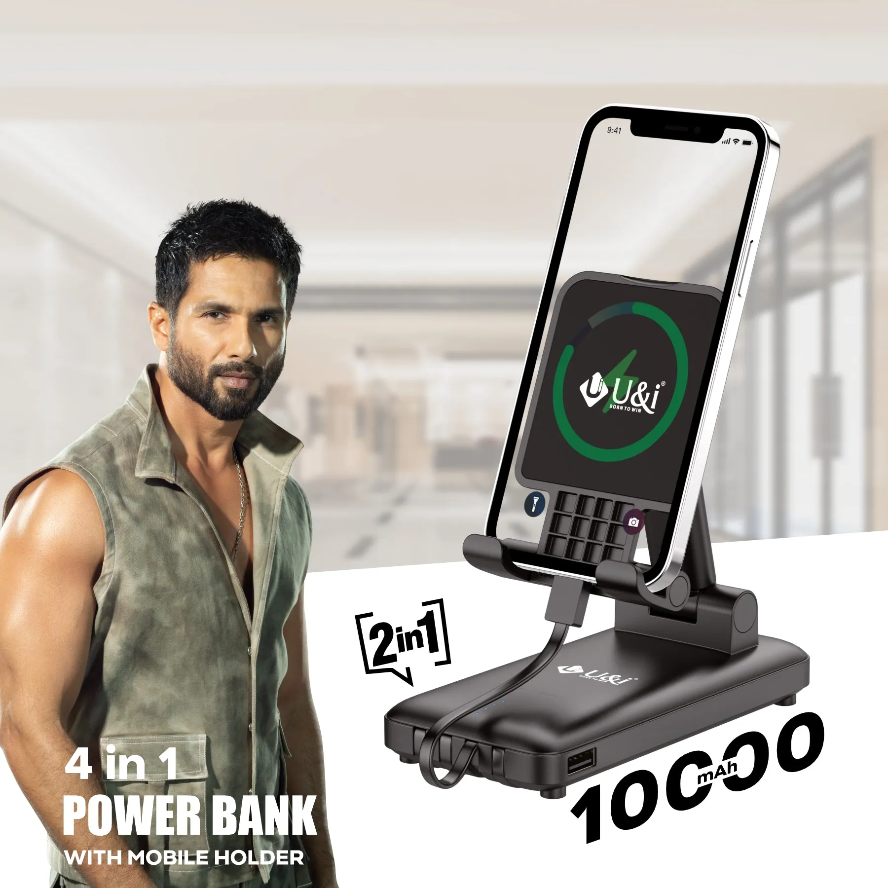 U&i Office Series 10K mAh Battery Capacity Power Bank | 4 in 1 Power Bank with Mobile Holder