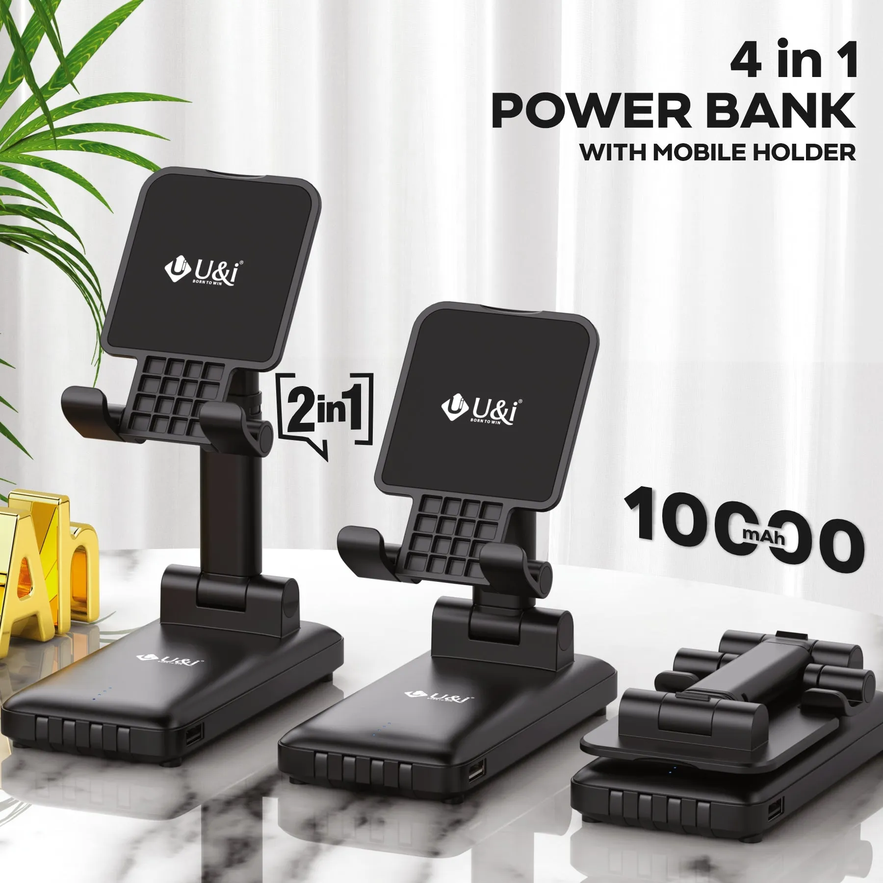 U&i Office Series 10K mAh Battery Capacity Power Bank | 4 in 1 Power Bank with Mobile Holder