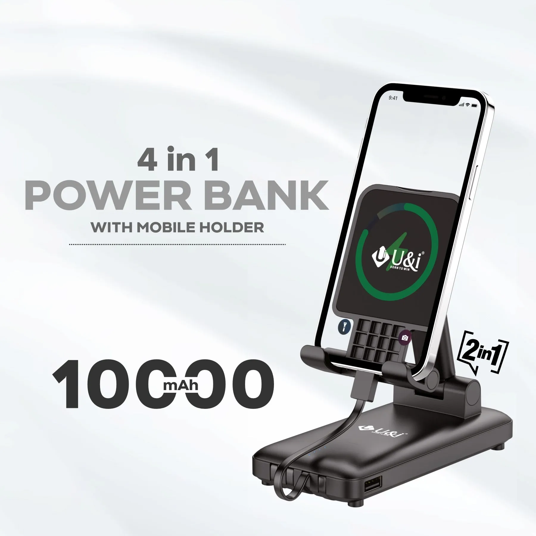 U&i Office Series 10K mAh Battery Capacity Power Bank | 4 in 1 Power Bank with Mobile Holder