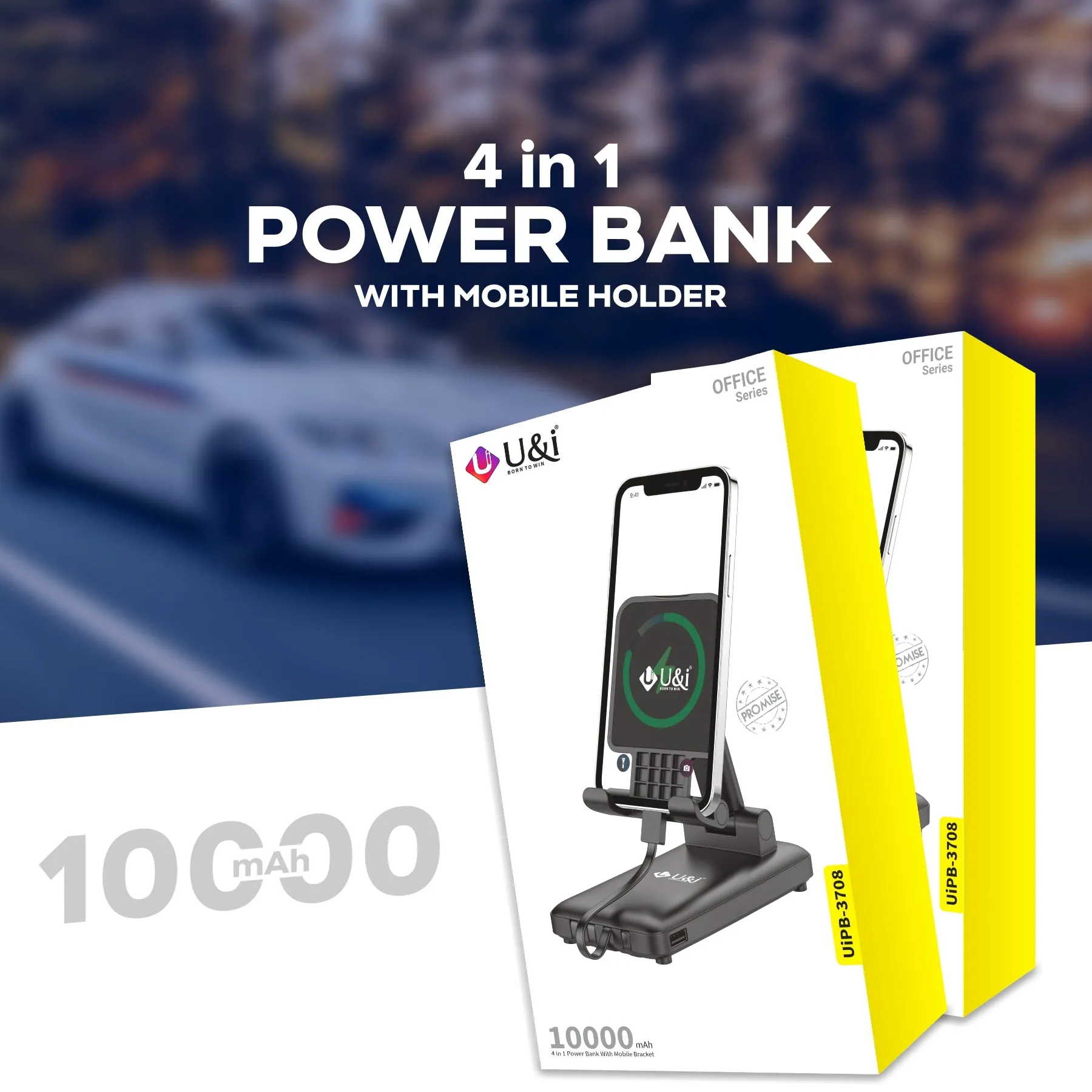 U&i Office Series 10K mAh Battery Capacity Power Bank | 4 in 1 Power Bank with Mobile Holder