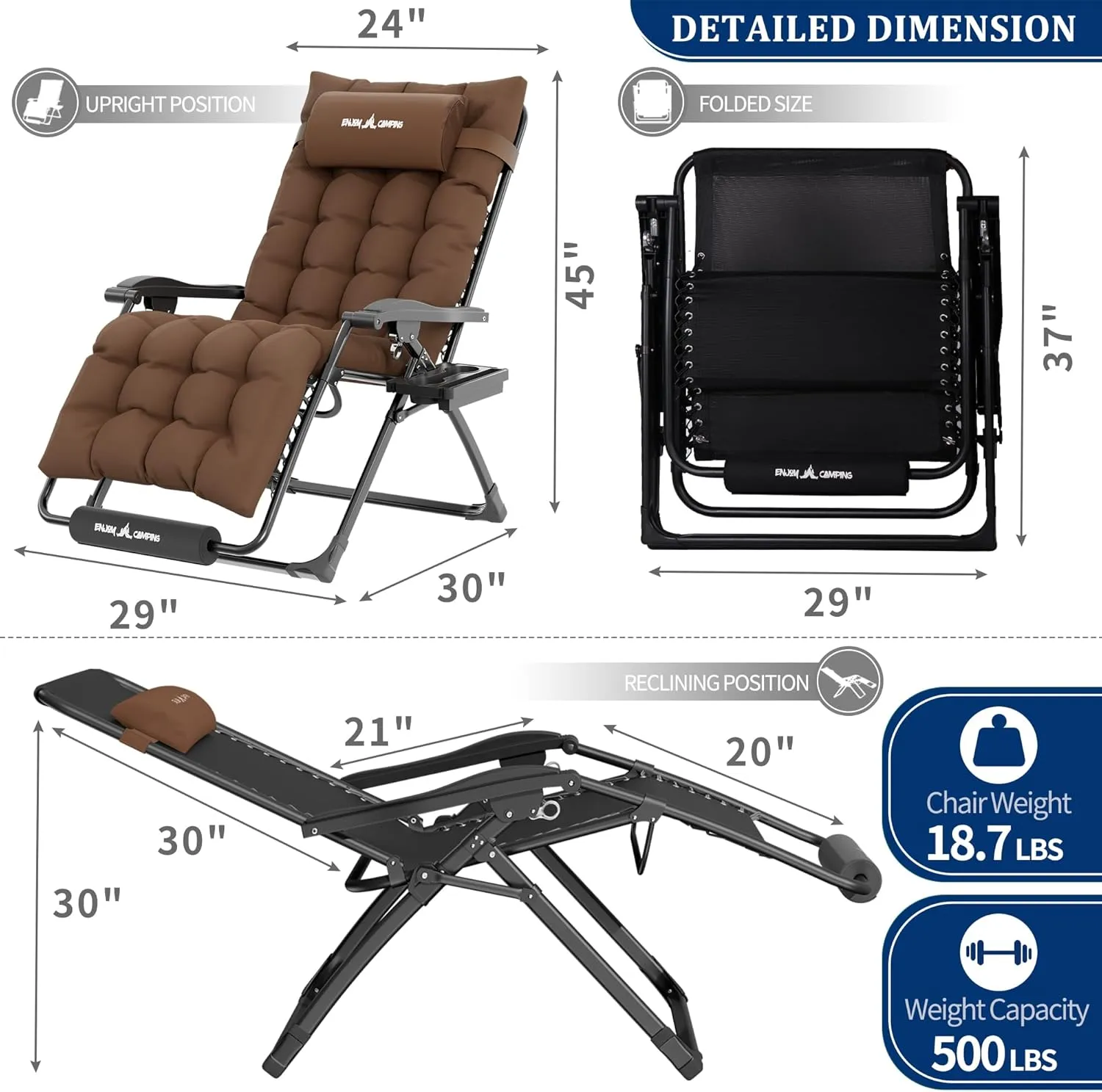 UDPATIO Oversized Zero Gravity Chair 29In XL Patio Reclining Chair with Cushion, Outdoor Folding Recliner with Pillows|Cup Holder|Foot Rest|Padded Headrest, Brown, Support 500LB