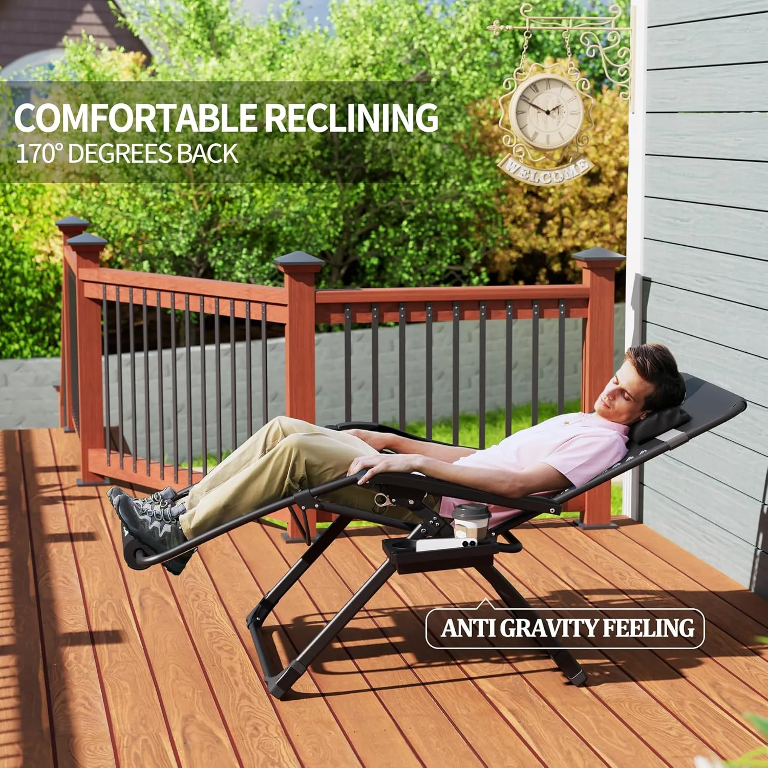 UDPATIO Oversized Zero Gravity Chair 29In XL Patio Reclining Chair with Cushion, Outdoor Folding Recliner with Pillows|Cup Holder|Foot Rest|Padded Headrest, Brown, Support 500LB