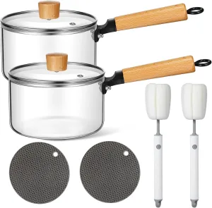 Uiifan 2 Sets Glass Pot for Cooking on Stove Kitchen Glass Cookware Clear Cooking Pot with Lid Handle and Pan Set 60oz Simmer Saucepan Resistant Safe for Pasta Noodle Soup Milk Baby Food (Classic)