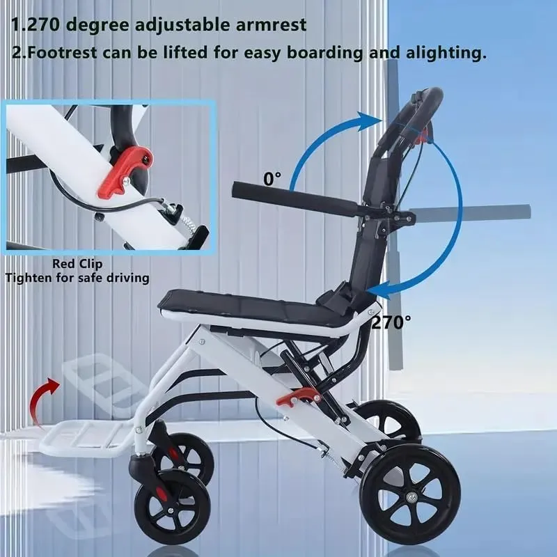 Ultra Lightweight Elderly Transport Wheelchair Weighs only 18 lbs. Portable Lightweight Folding Transport Chair, Removable Flip Armrests, with Locking Handbrake, Supports 220 lbs