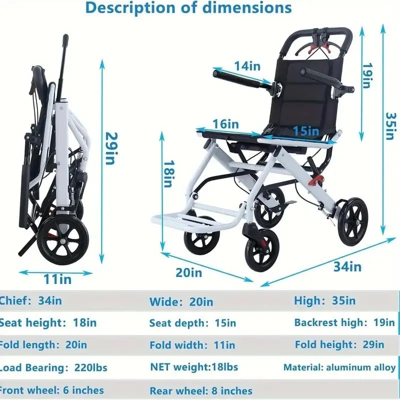 Ultra Lightweight Elderly Transport Wheelchair Weighs only 18 lbs. Portable Lightweight Folding Transport Chair, Removable Flip Armrests, with Locking Handbrake, Supports 220 lbs