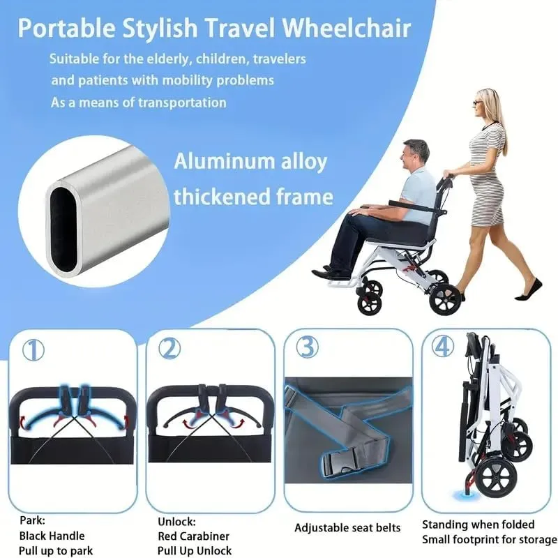 Ultra Lightweight Elderly Transport Wheelchair Weighs only 18 lbs. Portable Lightweight Folding Transport Chair, Removable Flip Armrests, with Locking Handbrake, Supports 220 lbs