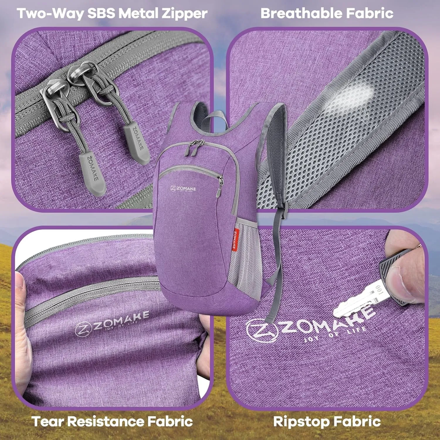 Ultra Lightweight Packable Backpack, 10L Small Daypack Light Foldable Backpacks Water Resistant Day Bag for Hiking (Light Purple)
