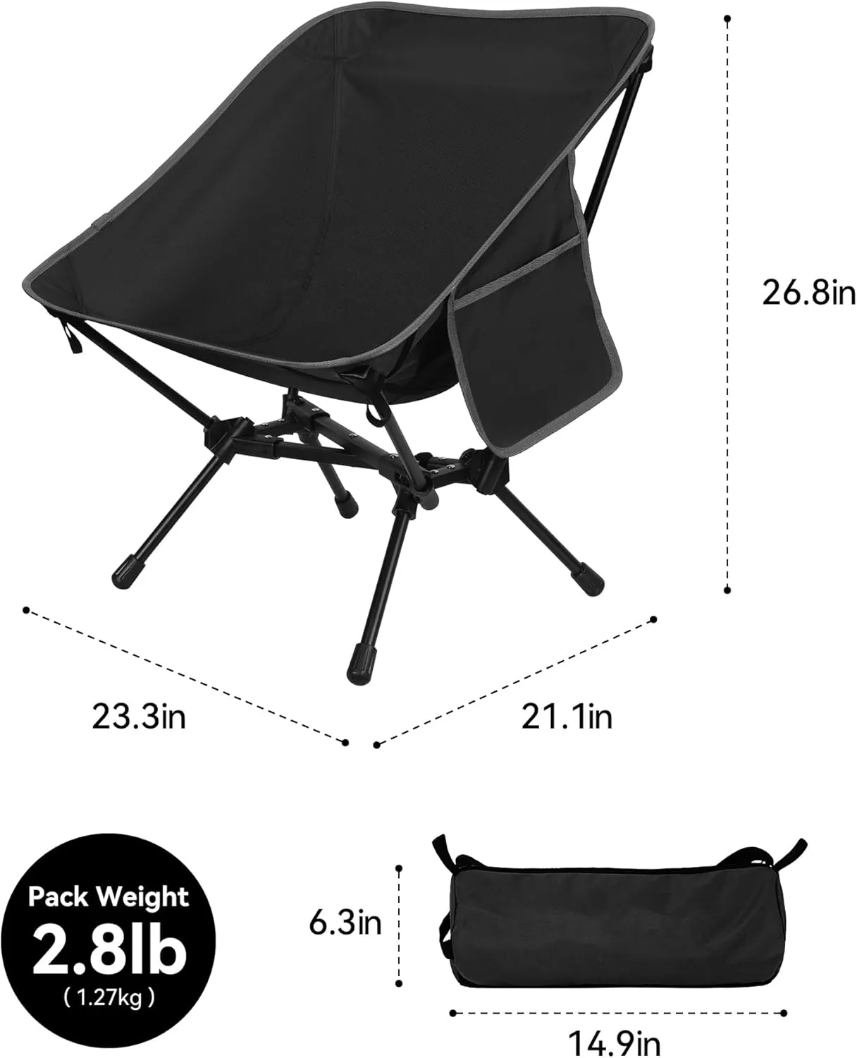 Ultralight Camping Chair, Portable Folding Backpacking Chair, Compact Camping Chair with Carry Bag for Outdoor Camp Hiking Backpack Beach Travel (Black)