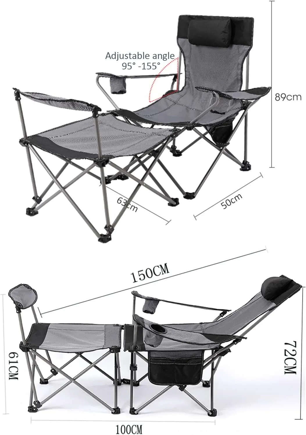 Ultralight Camping Chair, Portable Folding Compact Camping Chair 2 in 1 Camping Folding Recliner Chair with Detachable Footstool, Heavy Support 150kg,A