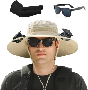 Ultralight Hat with Fans Solar Power, Outdoor Wide Brim Sun Hat with 2 Solar Fan, Removable USB Charging Fan