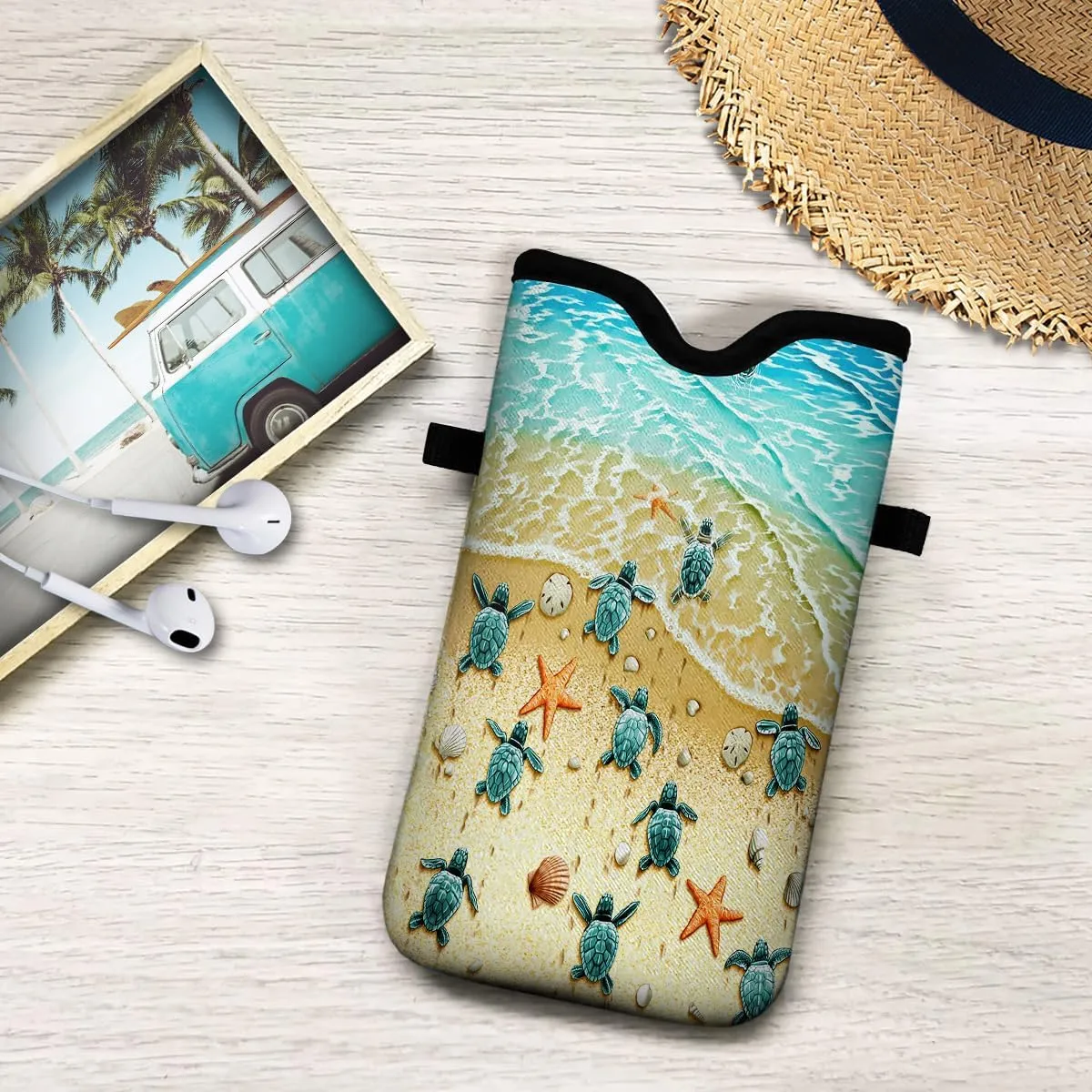 Universal Neoprene Cell Phone Pouch 7.1 X 4 in Mobile Protection Case Bag with Crossbody Strap/Neck Lanyard Sea Turtle Printed Pattern