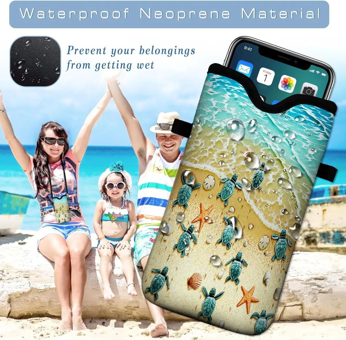 Universal Neoprene Cell Phone Pouch 7.1 X 4 in Mobile Protection Case Bag with Crossbody Strap/Neck Lanyard Sea Turtle Printed Pattern