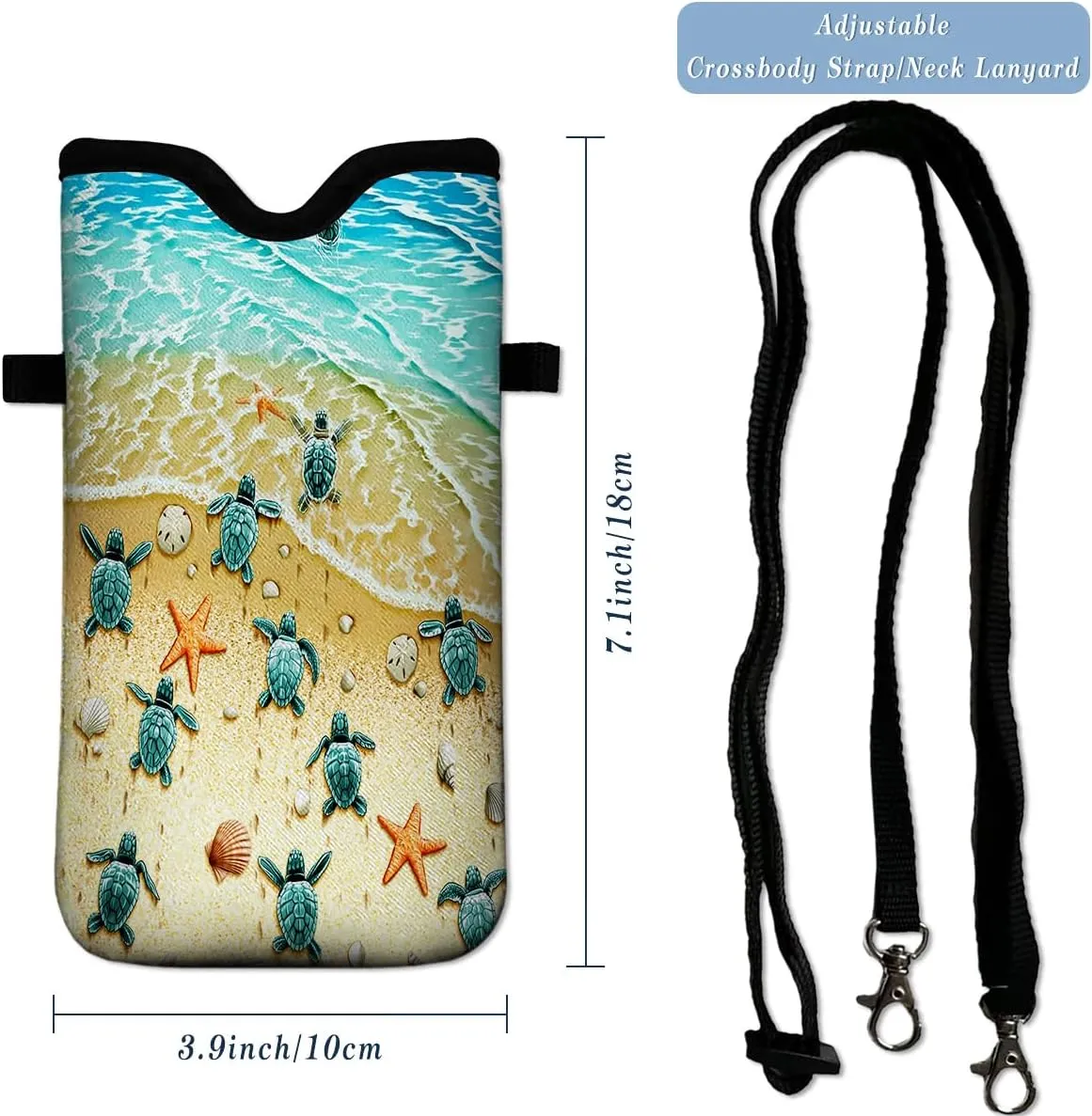 Universal Neoprene Cell Phone Pouch 7.1 X 4 in Mobile Protection Case Bag with Crossbody Strap/Neck Lanyard Sea Turtle Printed Pattern