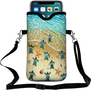 Universal Neoprene Cell Phone Pouch 7.1 X 4 in Mobile Protection Case Bag with Crossbody Strap/Neck Lanyard Sea Turtle Printed Pattern