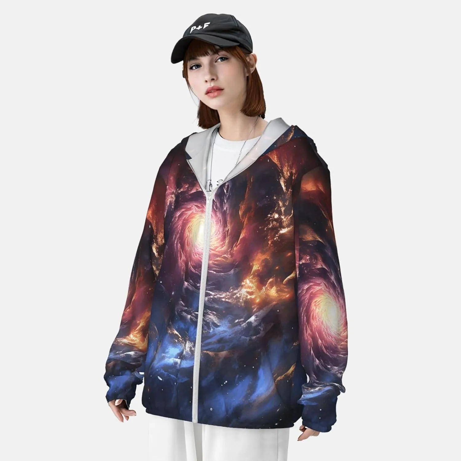 UPF 50  Sun Protection Hoodie Rash Guard Long Sleeve Sun Shirt Cosmic Storm UV Shirt Full Zip Jacket