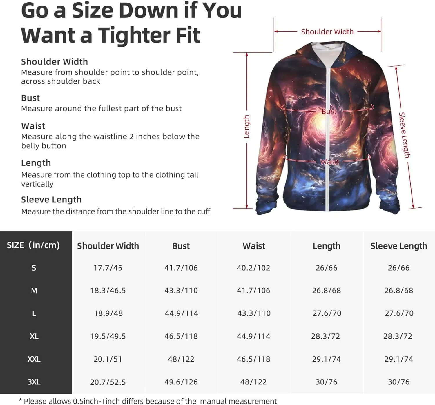 UPF 50  Sun Protection Hoodie Rash Guard Long Sleeve Sun Shirt Cosmic Storm UV Shirt Full Zip Jacket