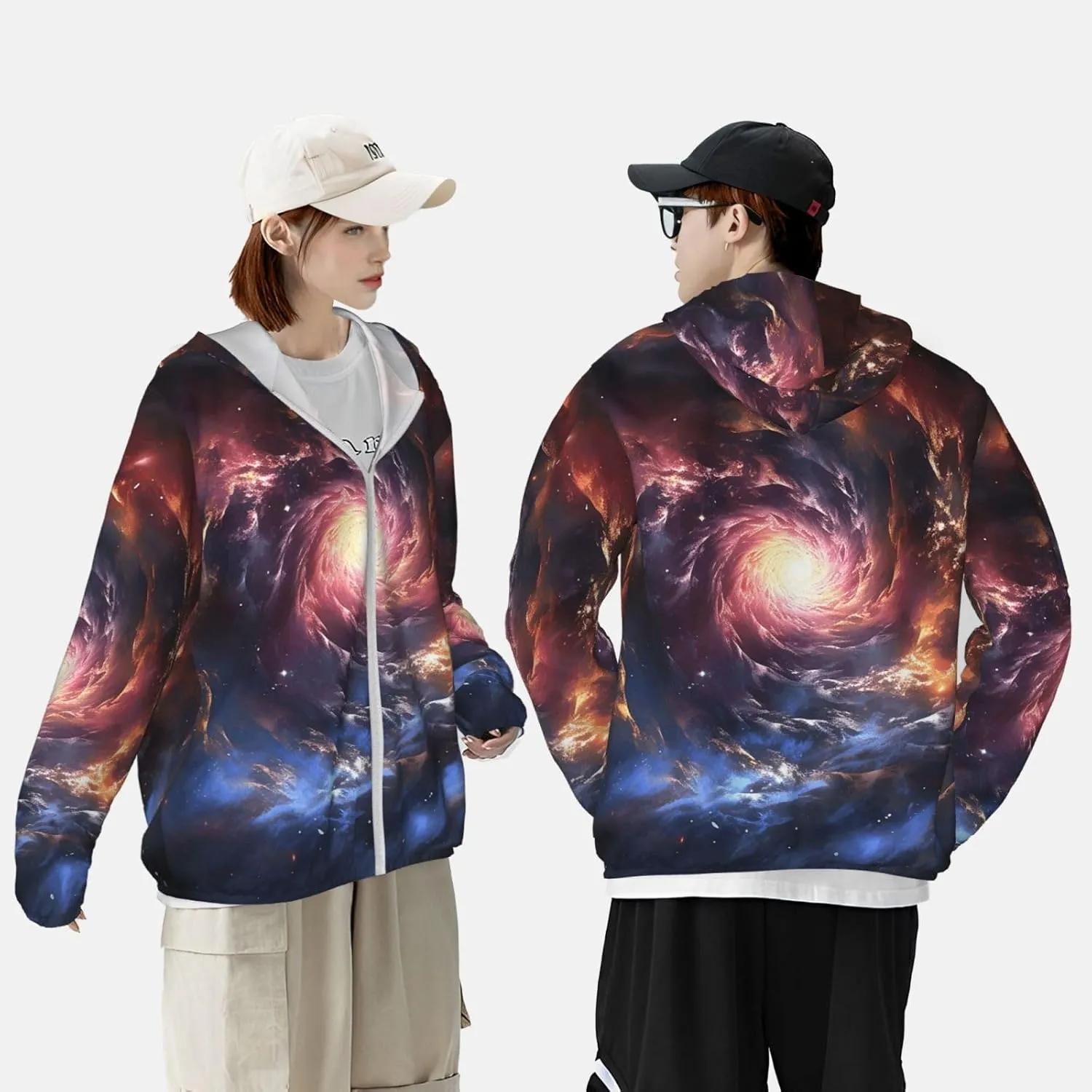 UPF 50  Sun Protection Hoodie Rash Guard Long Sleeve Sun Shirt Cosmic Storm UV Shirt Full Zip Jacket