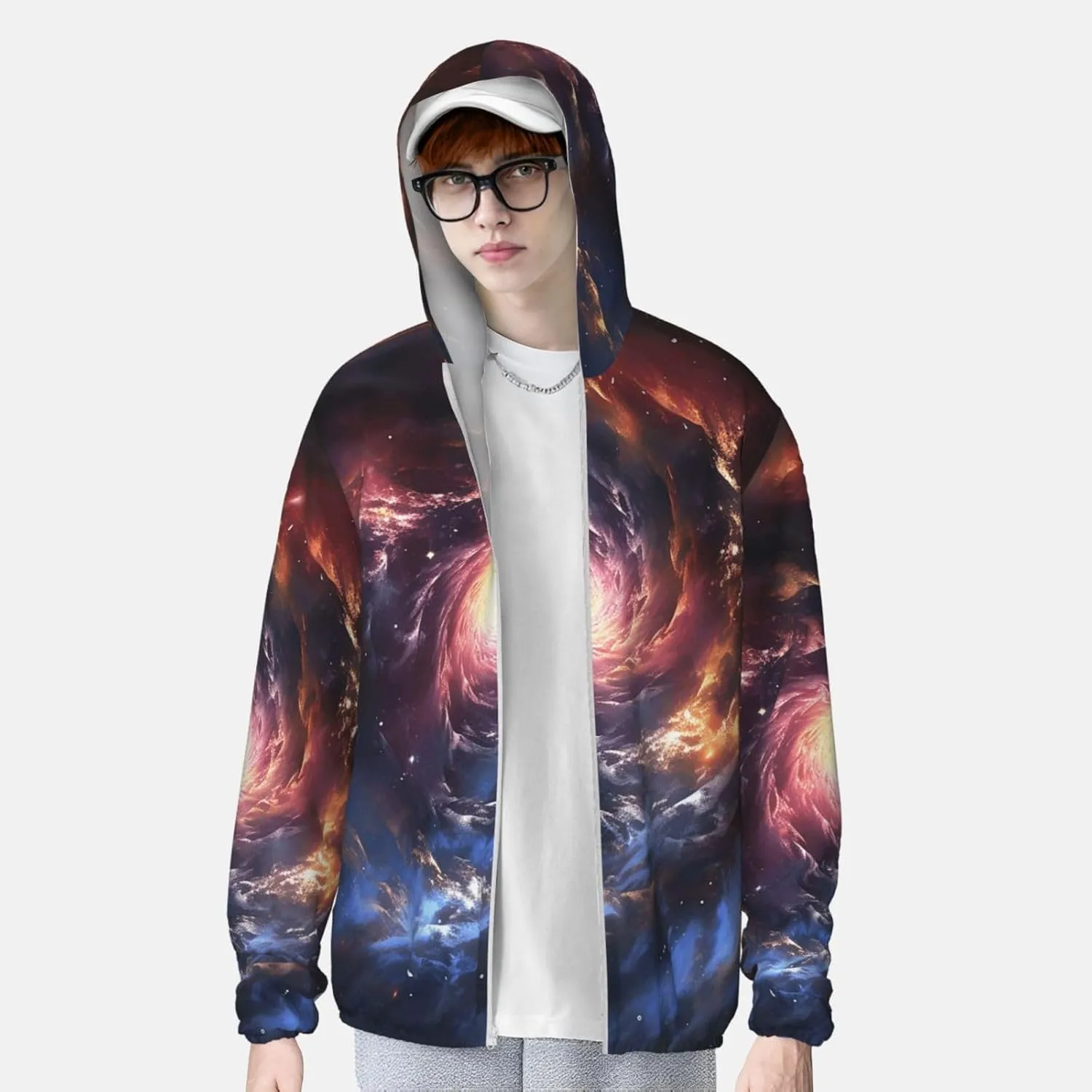 UPF 50  Sun Protection Hoodie Rash Guard Long Sleeve Sun Shirt Cosmic Storm UV Shirt Full Zip Jacket