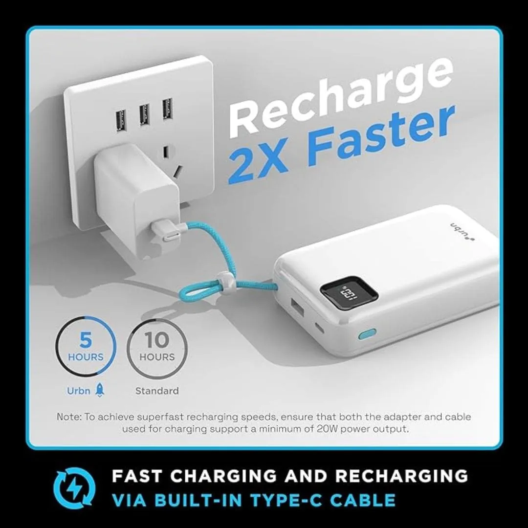URBN 20000mAh Power Bank with Built-in Type-C Cable (White)