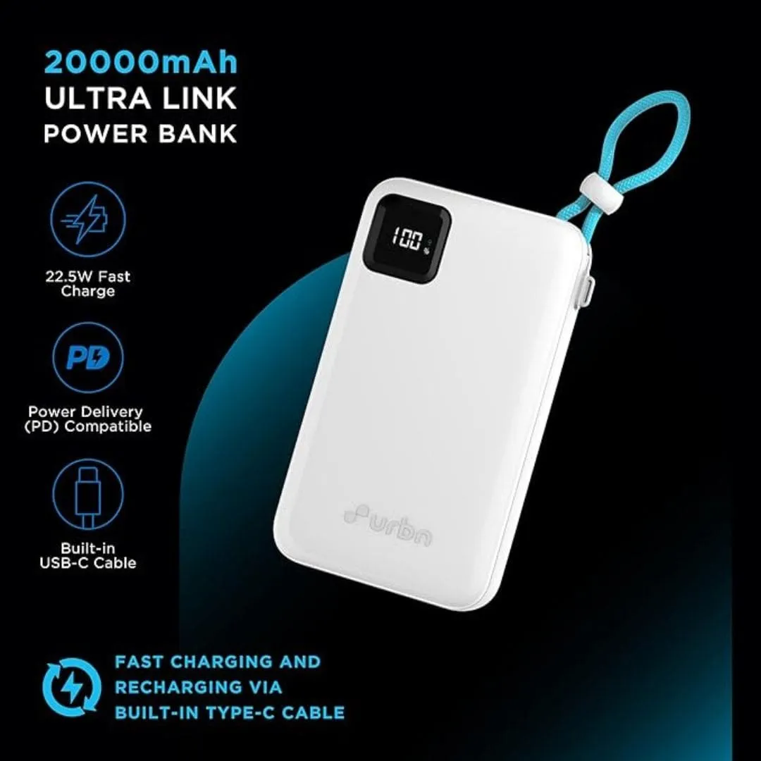 URBN 20000mAh Power Bank with Built-in Type-C Cable (White)