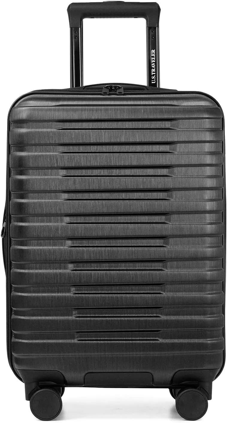 U.S. Traveler Boren Polycarbonate Hardside Rugged Travel Suitcase Luggage with 8 Spinner Wheels, Aluminum Handle, Carry-on 22-Inch, USB Port, Black