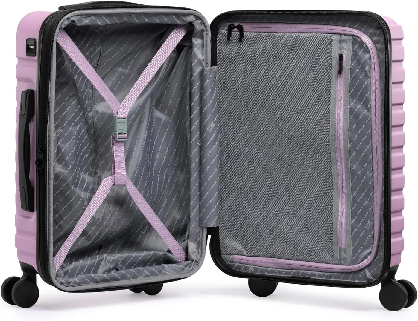 U.S. Traveler Boren Polycarbonate Hardside Rugged Travel Suitcase Luggage with 8 Spinner Wheels, Aluminum Handle, Lavender, Carry-on 22-Inch, USB Port