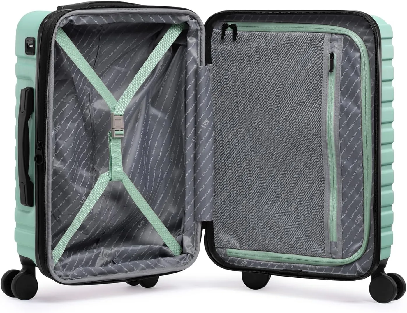 U.S. Traveler Boren Polycarbonate Hardside Rugged Travel Suitcase Luggage with 8 Spinner Wheels, Aluminum Handle, Mint, Carry-on 22-Inch, USB Port