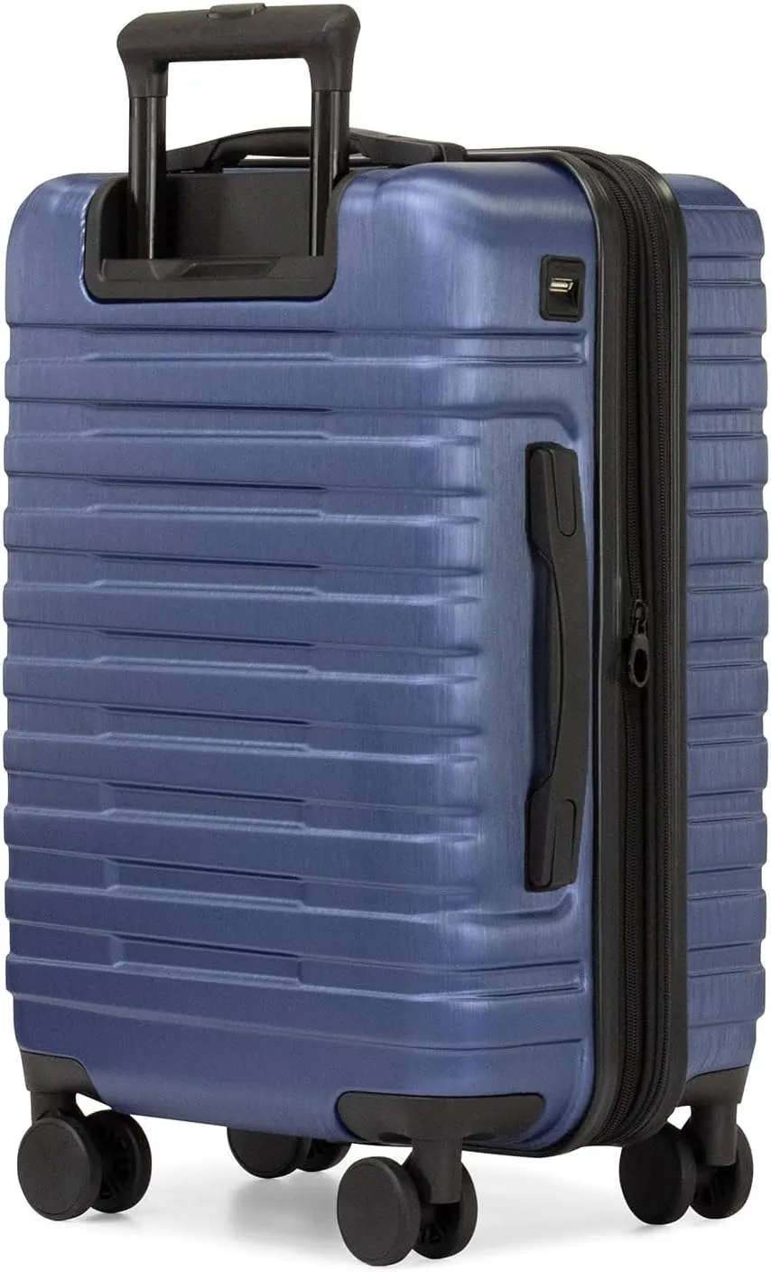 U.S. Traveler Boren Polycarbonate Hardside Rugged Travel Suitcase Luggage with 8 Spinner Wheels, Aluminum Handle, Navy, Carry-on 22-Inch, USB Port