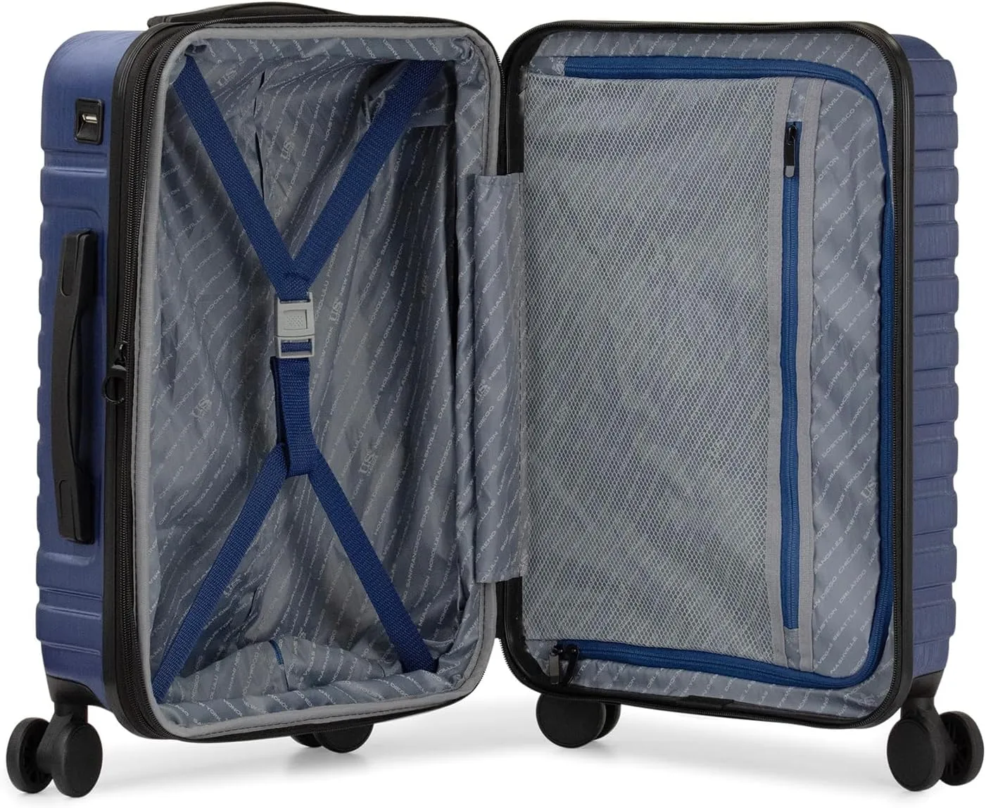 U.S. Traveler Boren Polycarbonate Hardside Rugged Travel Suitcase Luggage with 8 Spinner Wheels, Aluminum Handle, Navy, Carry-on 22-Inch, USB Port