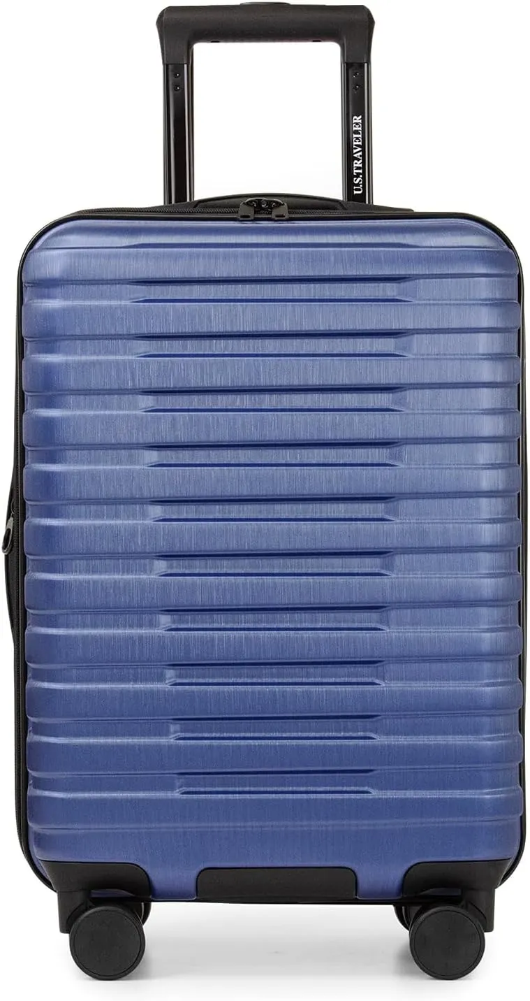 U.S. Traveler Boren Polycarbonate Hardside Rugged Travel Suitcase Luggage with 8 Spinner Wheels, Aluminum Handle, Navy, Carry-on 22-Inch, USB Port