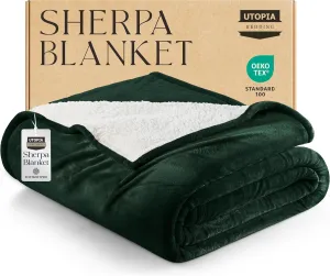 Utopia Bedding Sherpa Blanket Full Size (Forest Green, 90x84 Inches) - Soft Lightweight Plush Fleece Reversible Blanket for Bed, Sofa, Couch, Camping and Travel