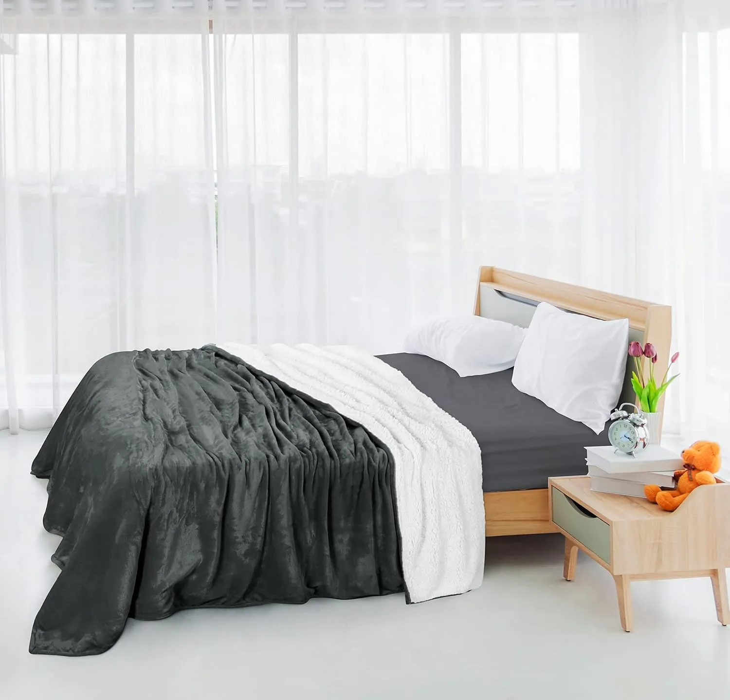 Utopia Bedding Sherpa Blanket King Size (Grey, 90x102 Inches) - Soft Lightweight Plush Fleece Reversible Blanket for Bed, Sofa, Couch, Camping and Travel