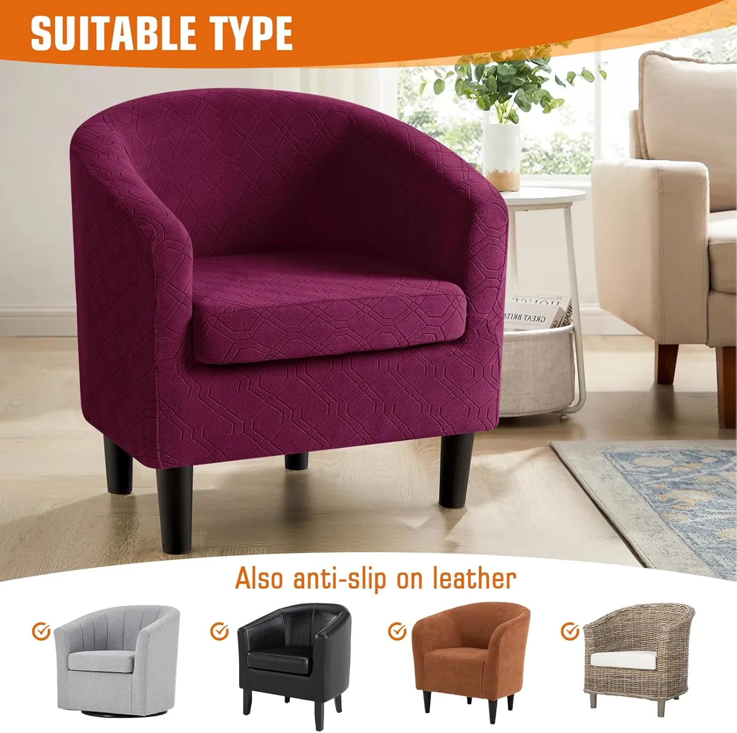 VANSOFY Club Chair Slipcover 2 Piece Stretch Barrel Chair Covers Jacquard Tub Chair Slipcovers Soft Armchair Sofa Cover Couch Furniture Protector（2 Pack,Burgundy）