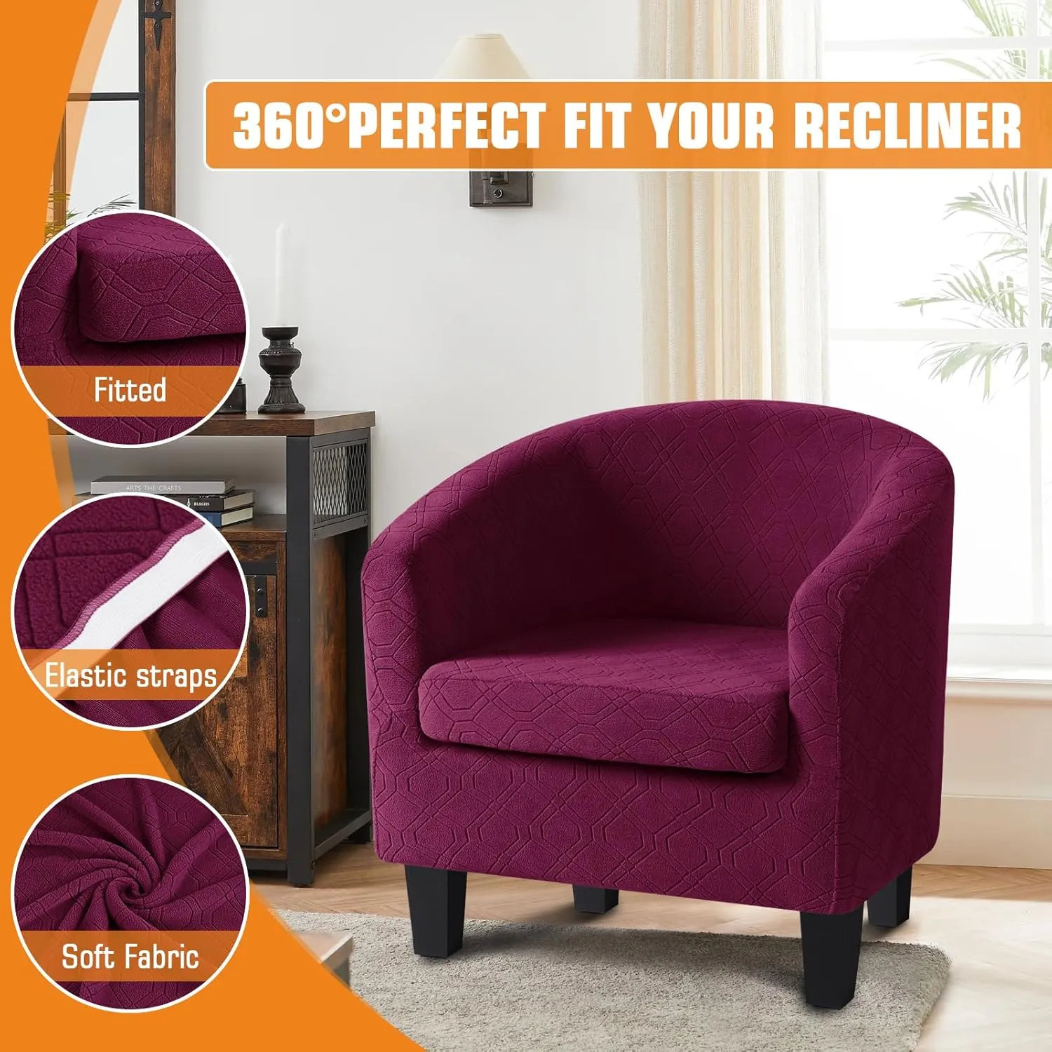 VANSOFY Club Chair Slipcover 2 Piece Stretch Barrel Chair Covers Jacquard Tub Chair Slipcovers Soft Armchair Sofa Cover Couch Furniture Protector（2 Pack,Burgundy）