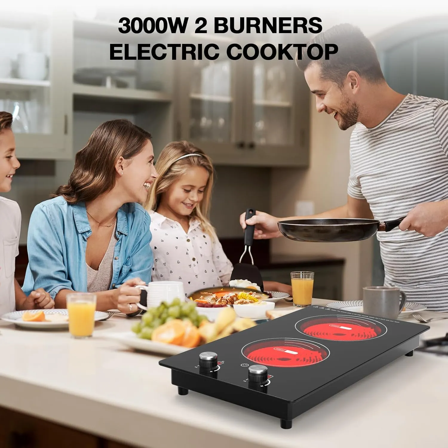 VBGK 2 Burner Electric Cooktop,3000W Built-in and Countertop Electric Stove Top Burner with 9 Heating Level, Timer & Kid Safety Lock, LED Knob Control 220V Plug