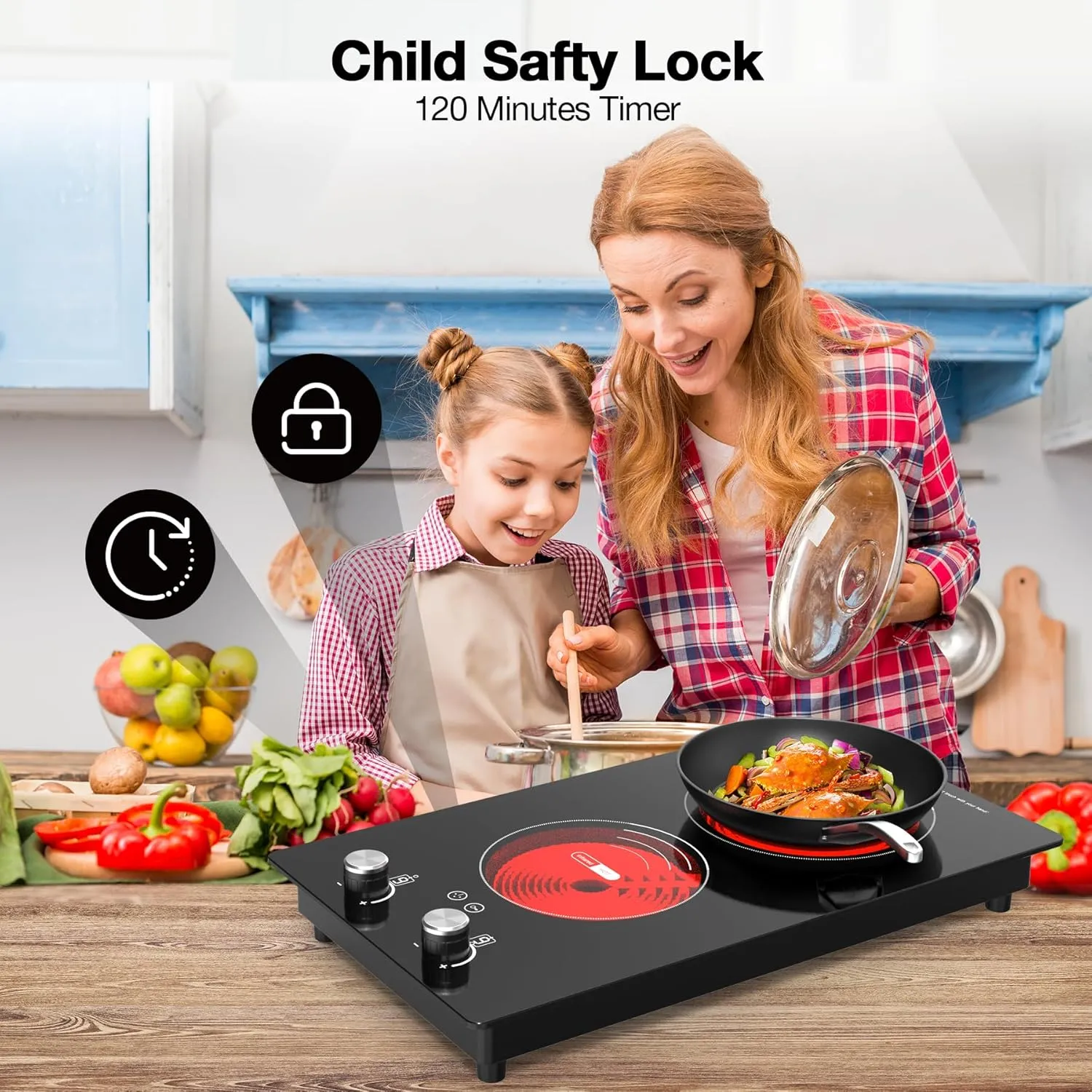 VBGK 2 Burner Electric Cooktop,3000W Built-in and Countertop Electric Stove Top Burner with 9 Heating Level, Timer & Kid Safety Lock, LED Knob Control 220V Plug