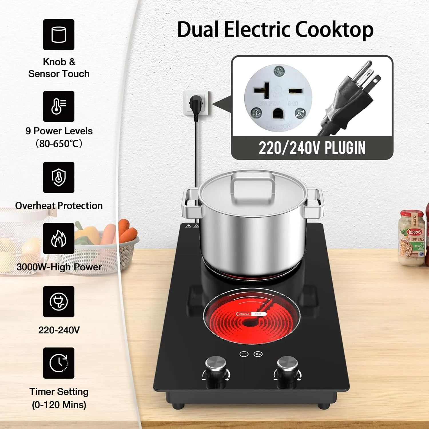 VBGK 2 Burner Electric Cooktop,3000W Built-in and Countertop Electric Stove Top Burner with 9 Heating Level, Timer & Kid Safety Lock, LED Knob Control 220V Plug