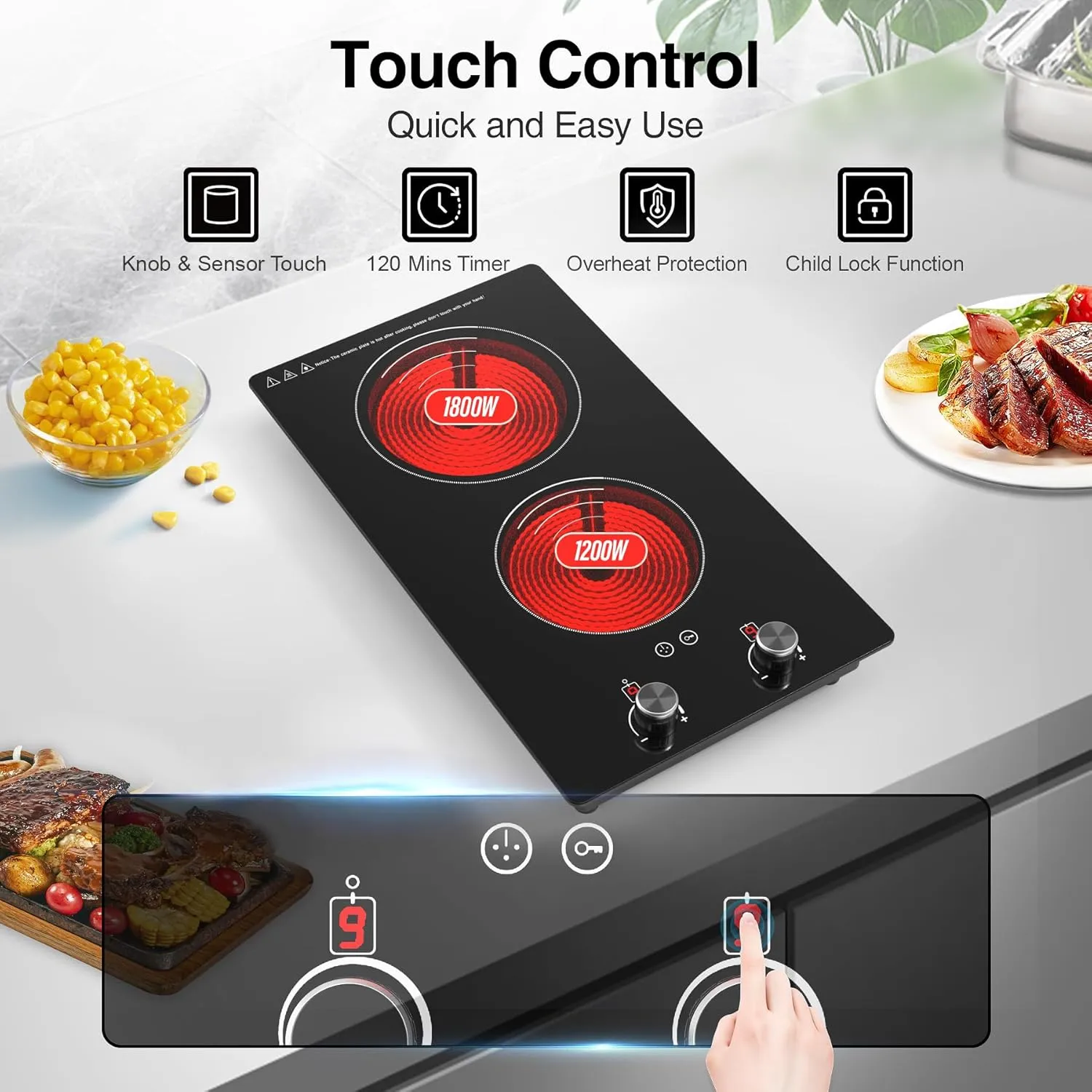 VBGK 2 Burner Electric Cooktop,3000W Built-in and Countertop Electric Stove Top Burner with 9 Heating Level, Timer & Kid Safety Lock, LED Knob Control 220V Plug