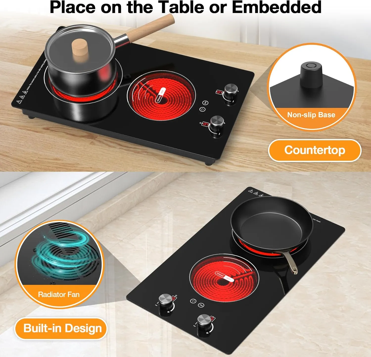 VBGK 2 Burner Electric Cooktop,3000W Built-in and Countertop Electric Stove Top Burner with 9 Heating Level, Timer & Kid Safety Lock, LED Knob Control 220V Plug