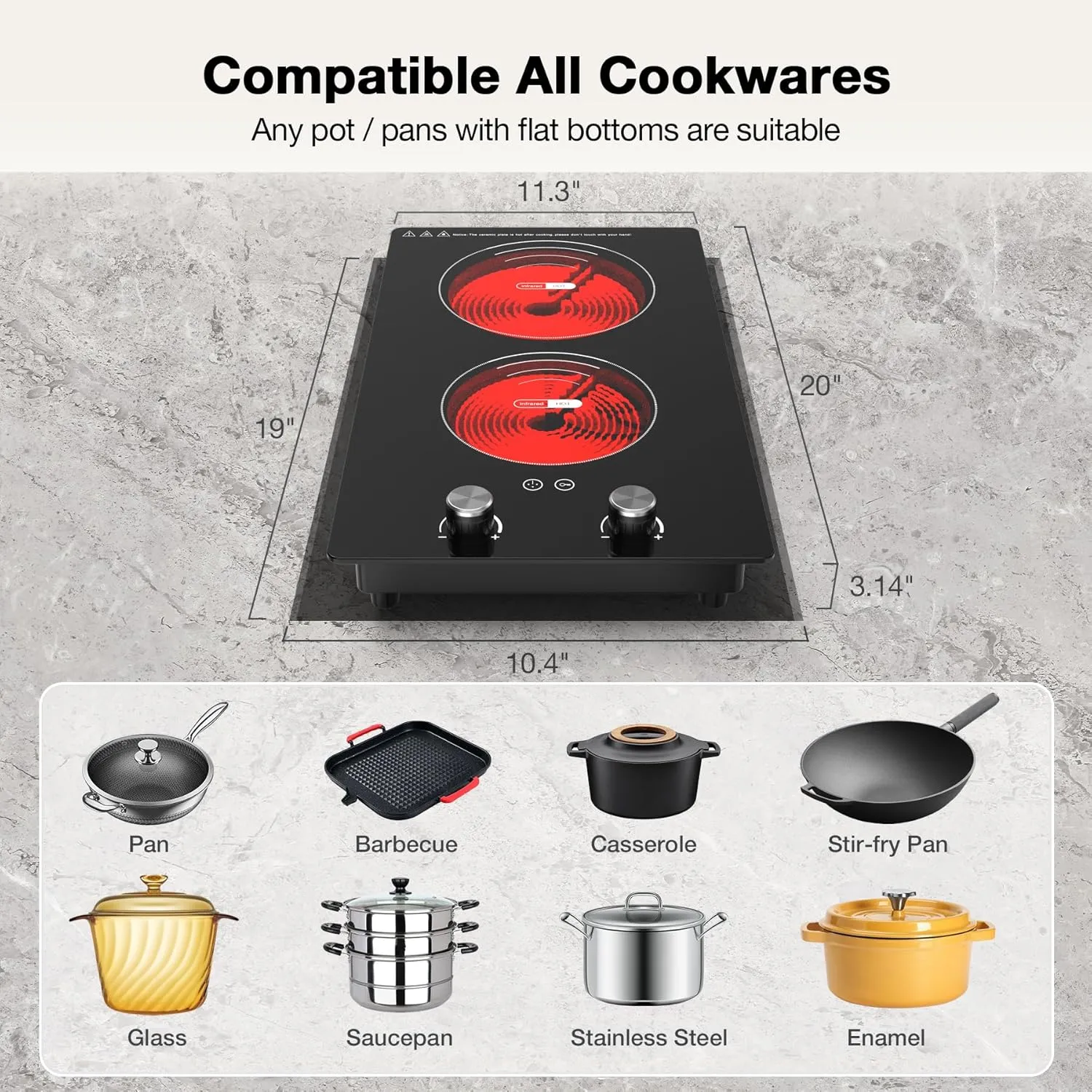 VBGK 2 Burner Electric Cooktop,3000W Built-in and Countertop Electric Stove Top Burner with 9 Heating Level, Timer & Kid Safety Lock, LED Knob Control 220V Plug