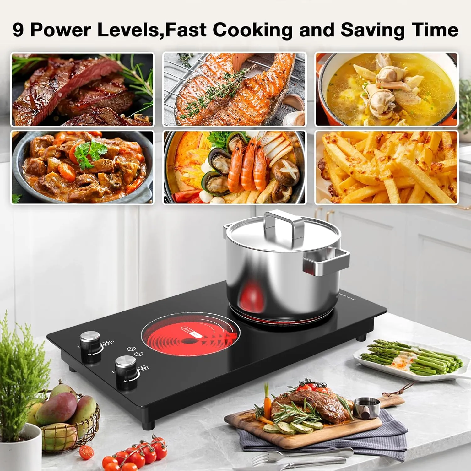 VBGK 2 Burner Electric Cooktop,3000W Built-in and Countertop Electric Stove Top Burner with 9 Heating Level, Timer & Kid Safety Lock, LED Knob Control 220V Plug