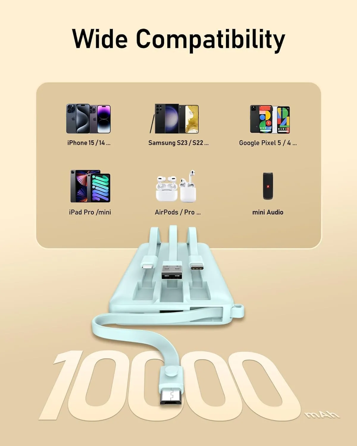 VEEKTOMX Portable Phone Charge with Built in Cables, 10000mAh Ultra Slim Power Bank with 5 Outputs and LED Display, Battery Pack Compatible with iPhone/iPad/Samsung and Other Android Smart Devices