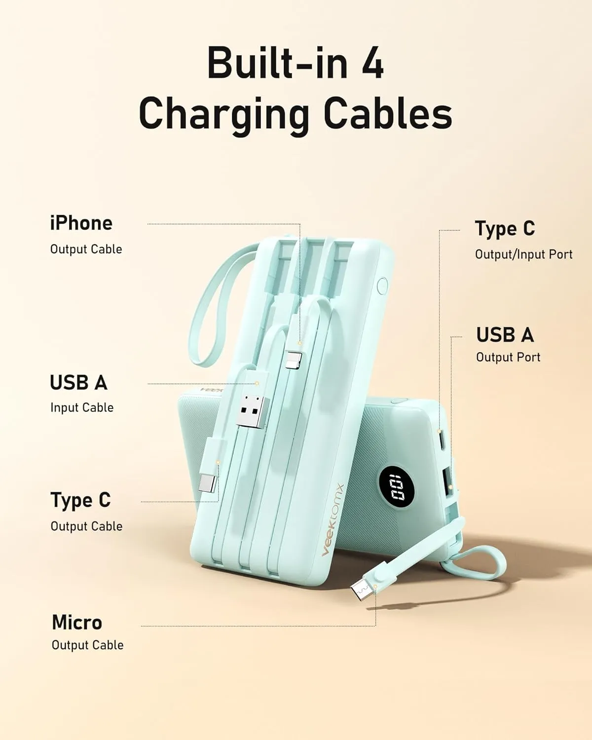 VEEKTOMX Portable Phone Charge with Built in Cables, 10000mAh Ultra Slim Power Bank with 5 Outputs and LED Display, Battery Pack Compatible with iPhone/iPad/Samsung and Other Android Smart Devices