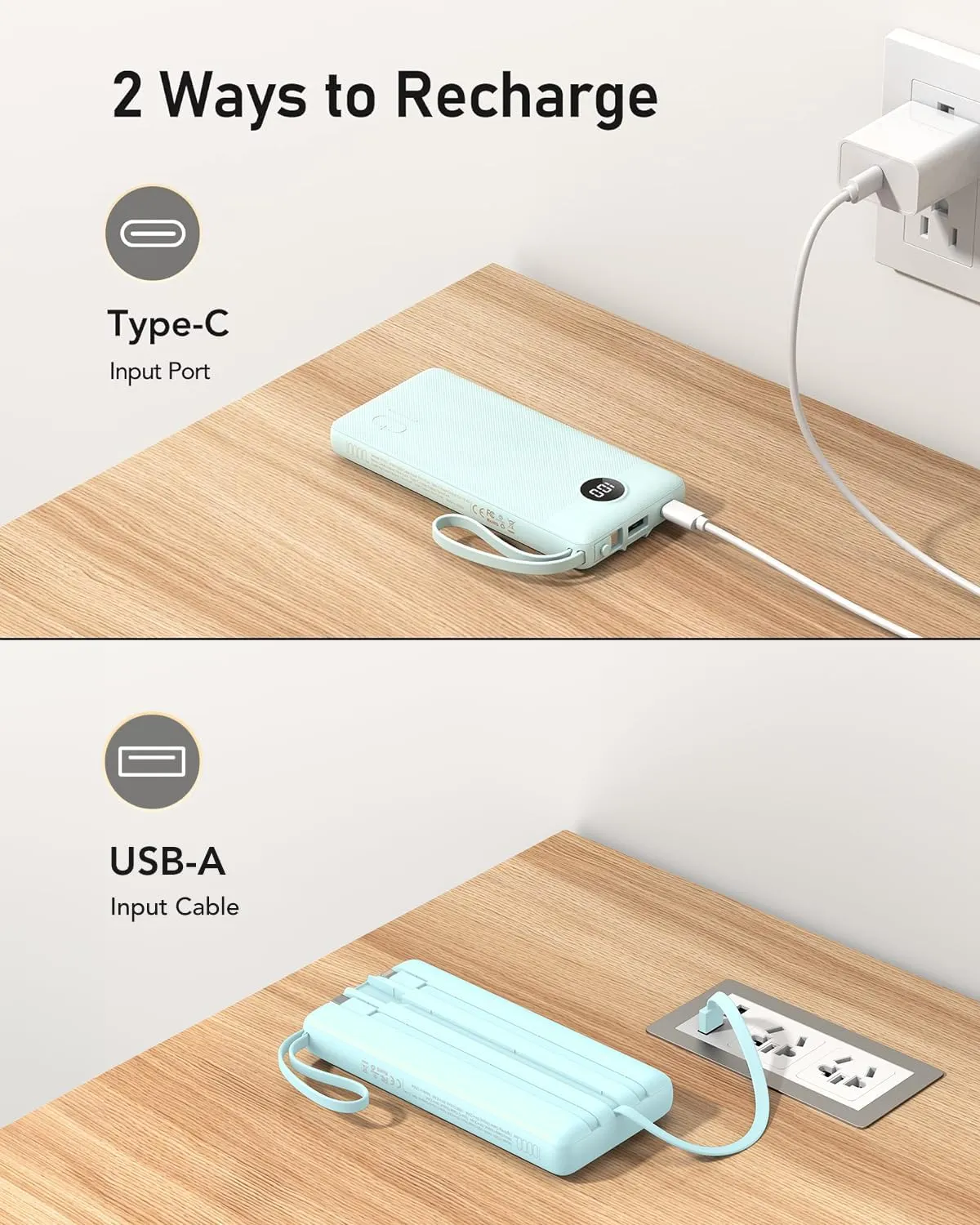 VEEKTOMX Portable Phone Charge with Built in Cables, 10000mAh Ultra Slim Power Bank with 5 Outputs and LED Display, Battery Pack Compatible with iPhone/iPad/Samsung and Other Android Smart Devices