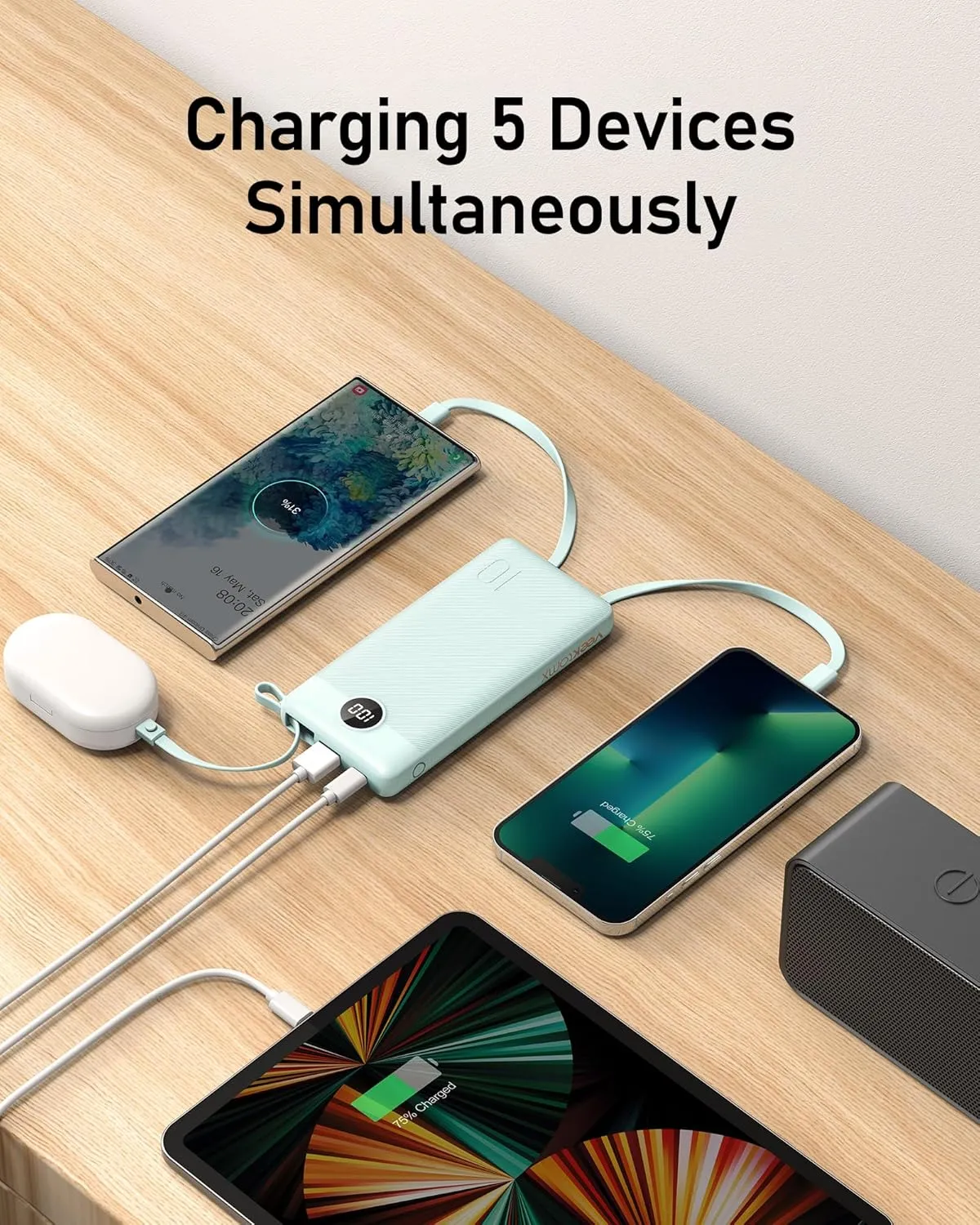 VEEKTOMX Portable Phone Charge with Built in Cables, 10000mAh Ultra Slim Power Bank with 5 Outputs and LED Display, Battery Pack Compatible with iPhone/iPad/Samsung and Other Android Smart Devices